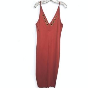 Asos Bodycon Size US 14 Orange Ribbed Dress Stretch Eyelet Sleeveless New